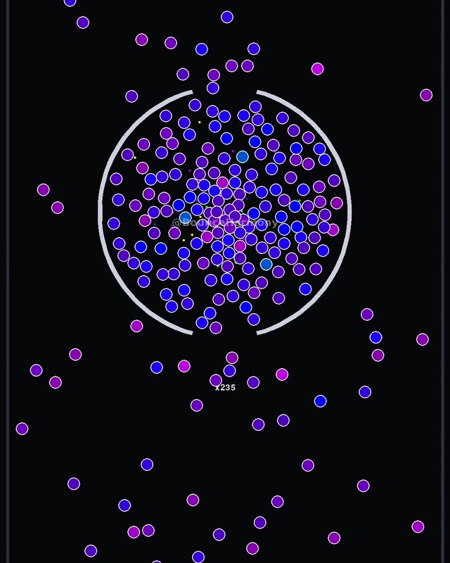 Purple balls streaming out of a ring and filling the screen